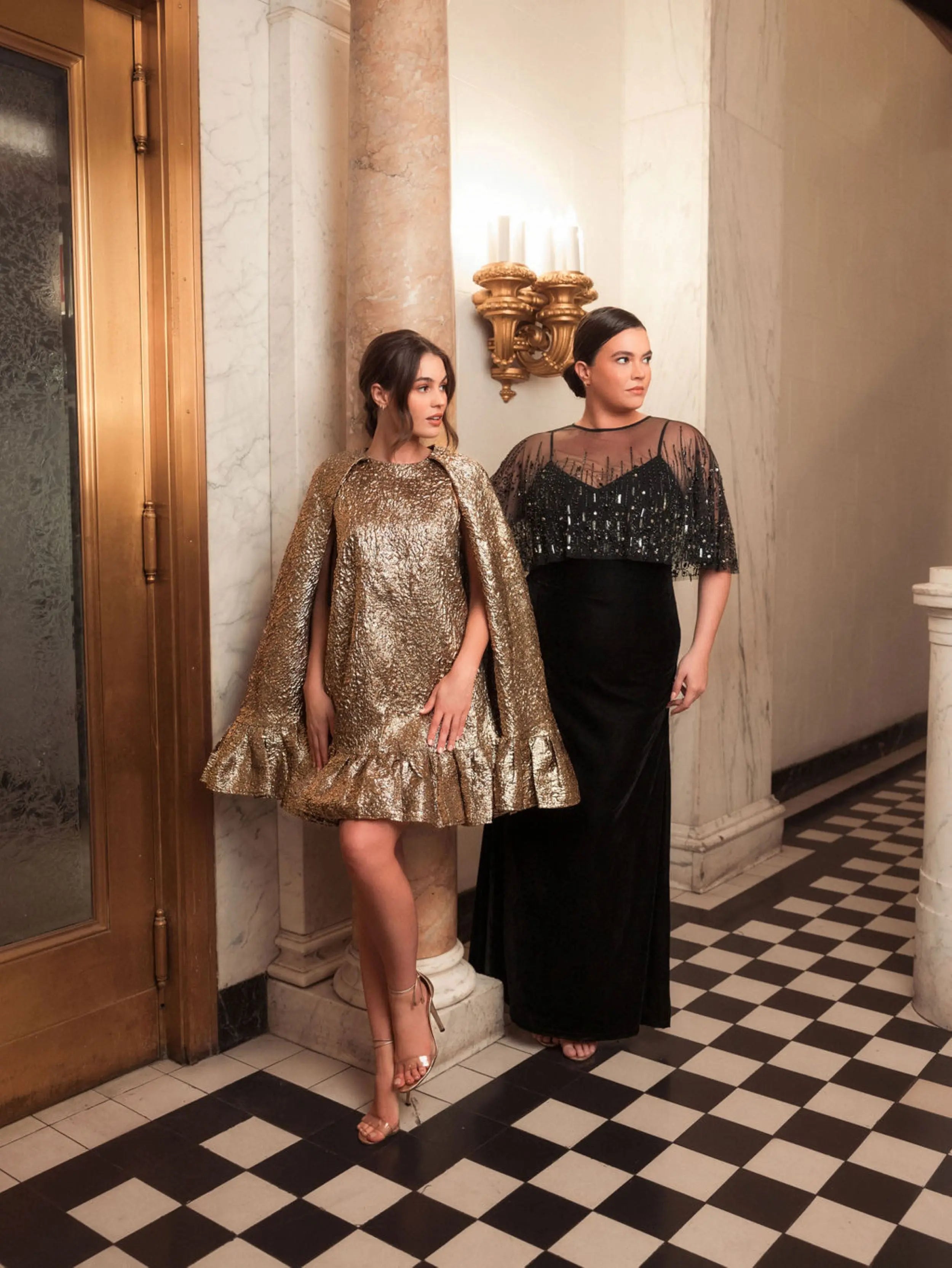 Black Sleeveless Velvet Gown With Embellished Cape (Plus)