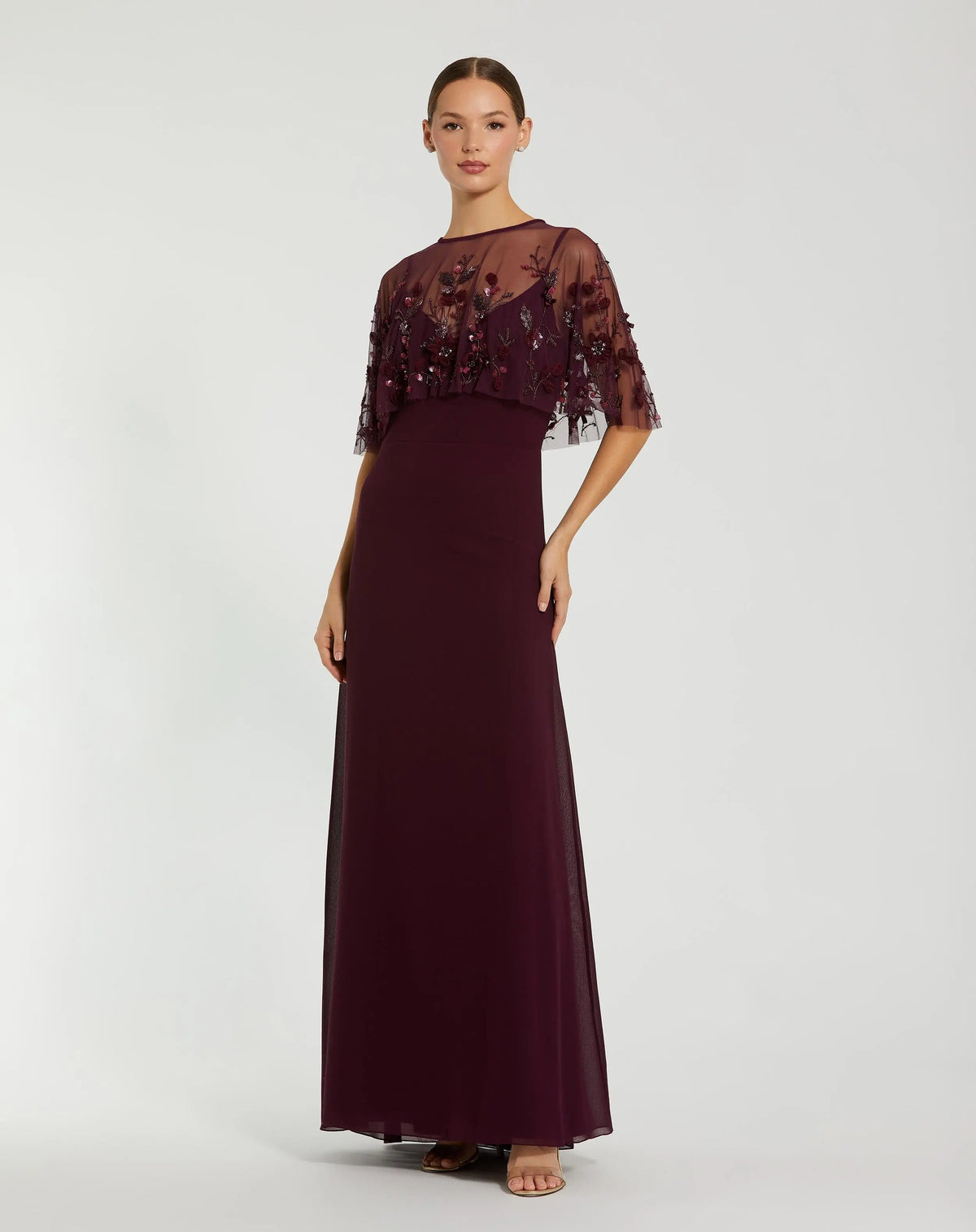 Burgundy Sleeveless Gown With Embellished Cape