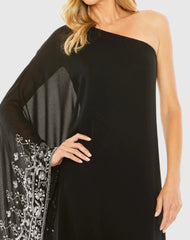 Black One Shoulder Embellished Trapeze Gown