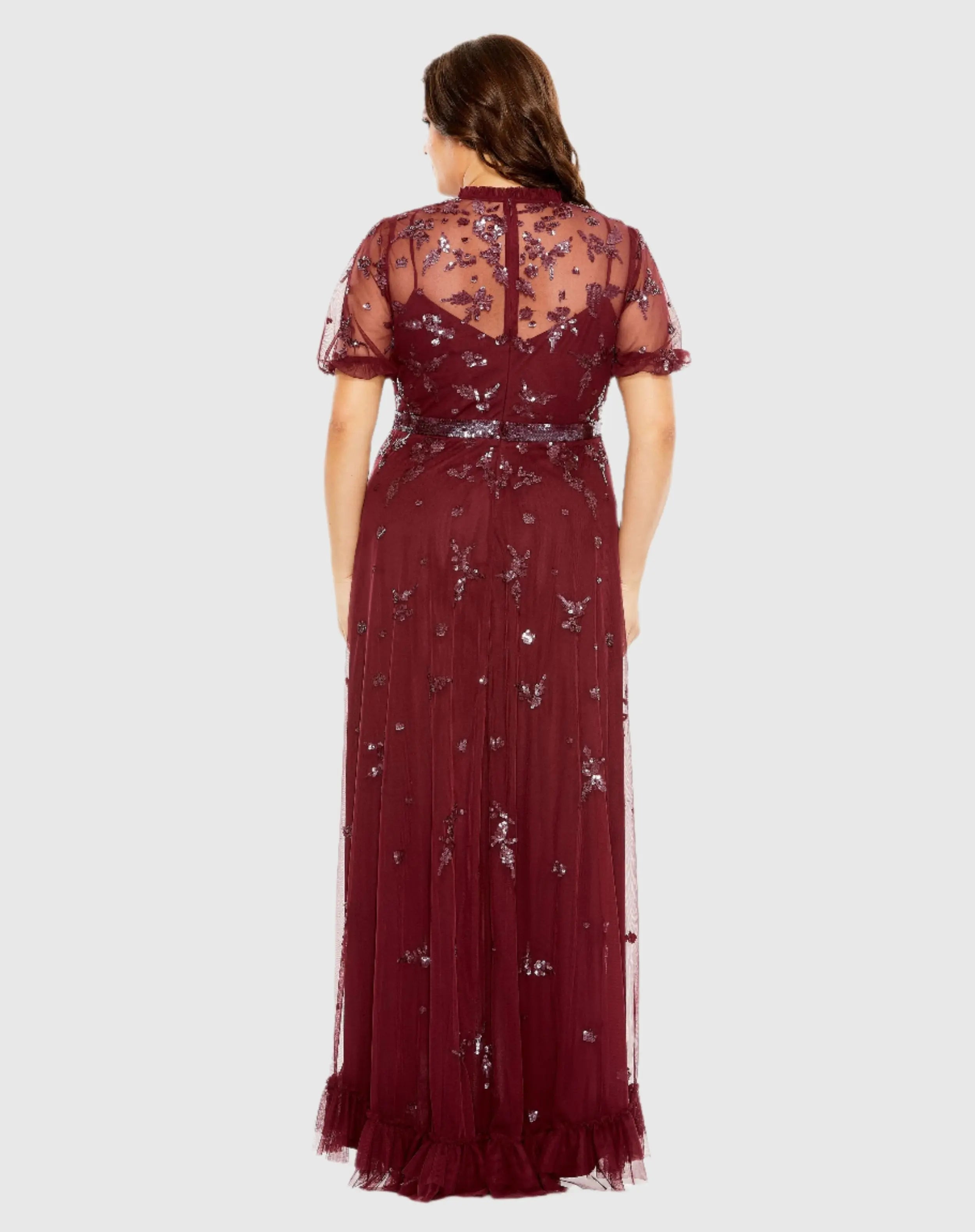 Red Short Sleeve Embellished Faux Wrap Gown (Plus)