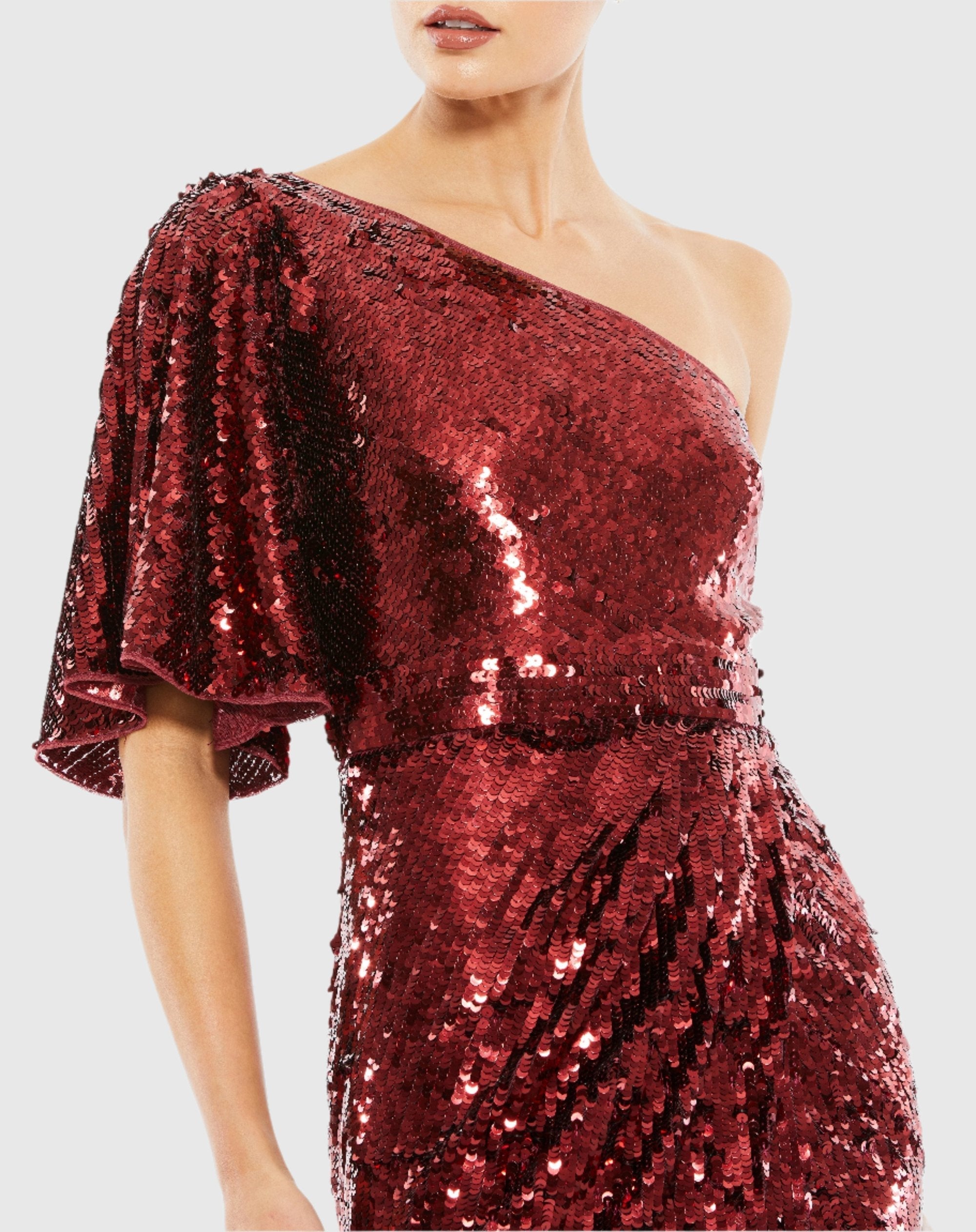 Red Embellished Cap Sleeve Cowl Neck Trumpet Gown