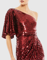 Red Embellished Cap Sleeve Cowl Neck Trumpet Gown