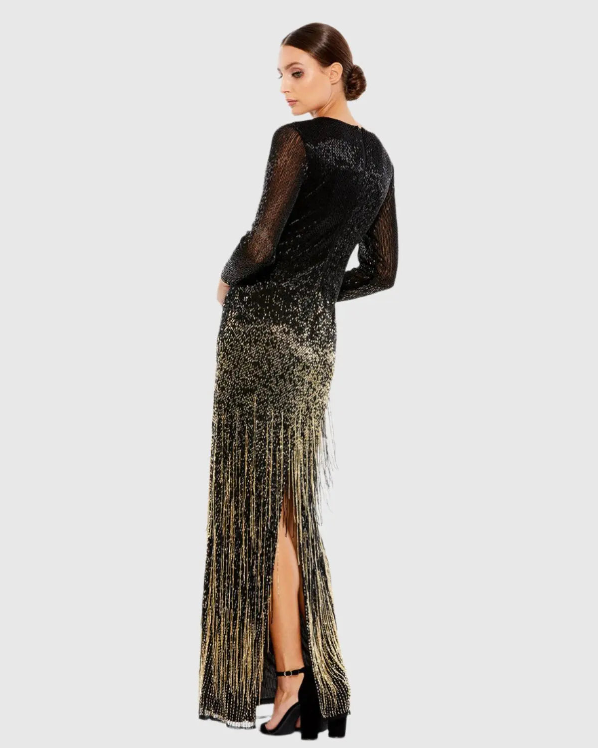 Black Long Sleeve Beaded Fringe Evening Gown