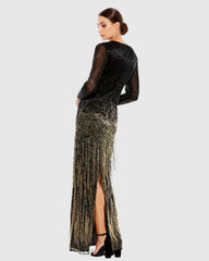Black Long Sleeve Beaded Fringe Evening Gown