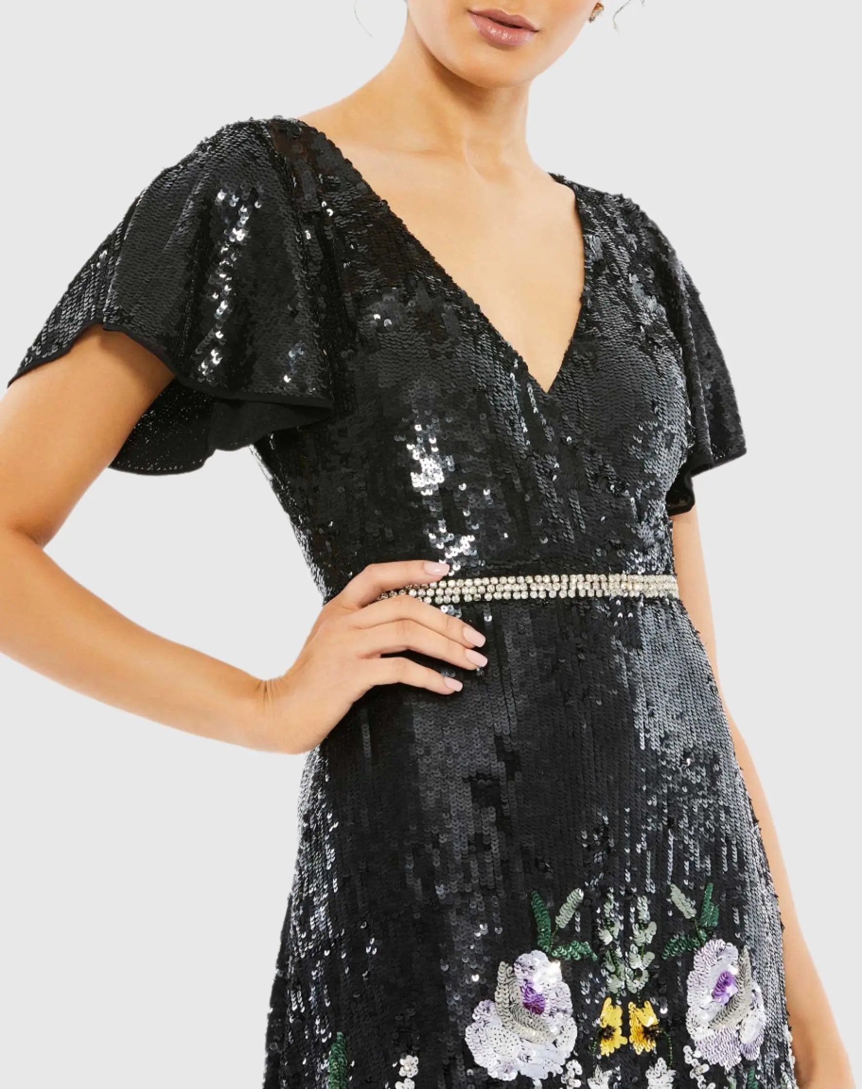 Black Floral Sequin Flutter Sleeve Aline Wrap Dress