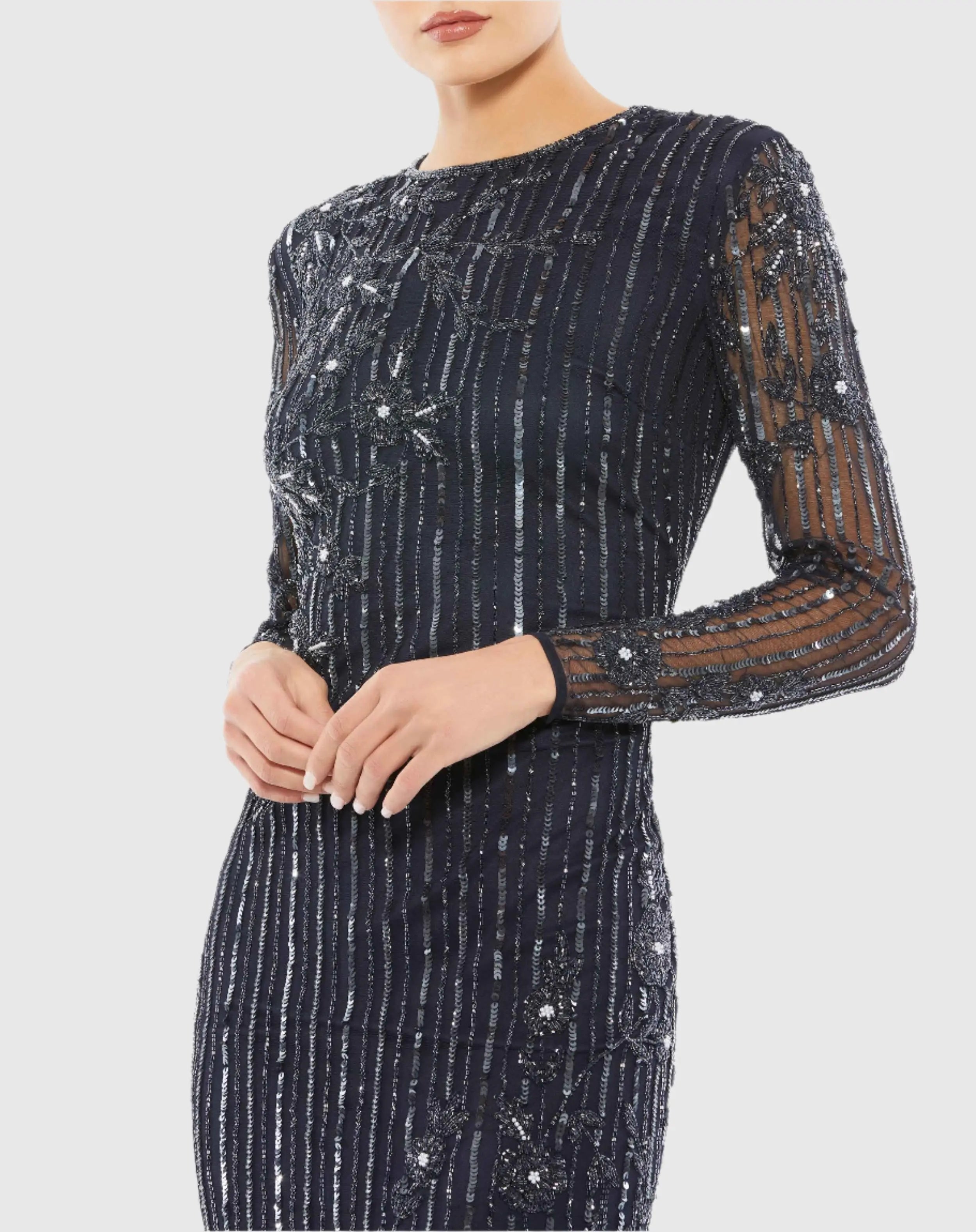 Navy Embellished High Neck Illusion Long Sleeve Gown