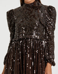 Brown Long Sleeve Sequin Tea Length Dress