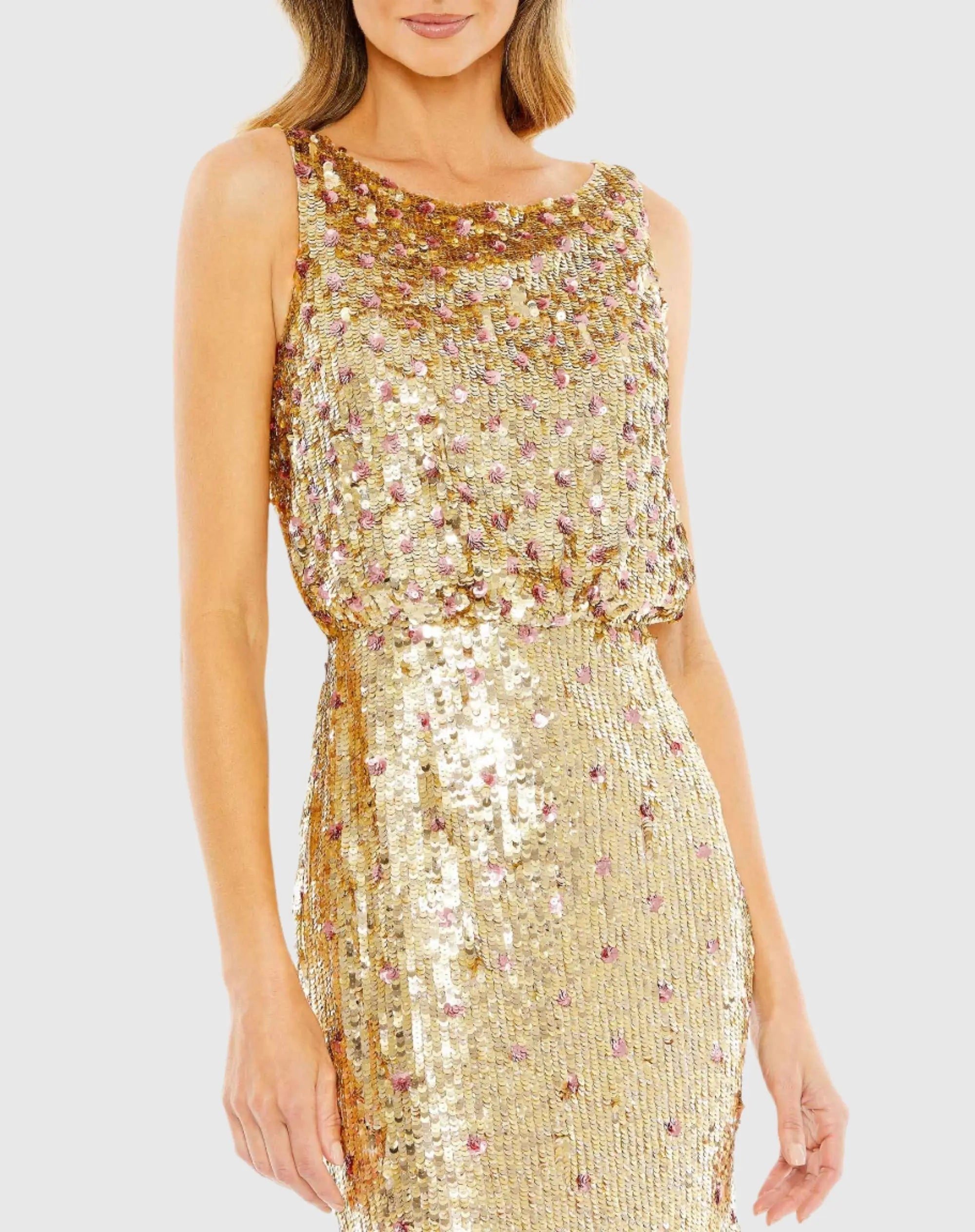 Gold Sequined Sleeveless High Neck Gown