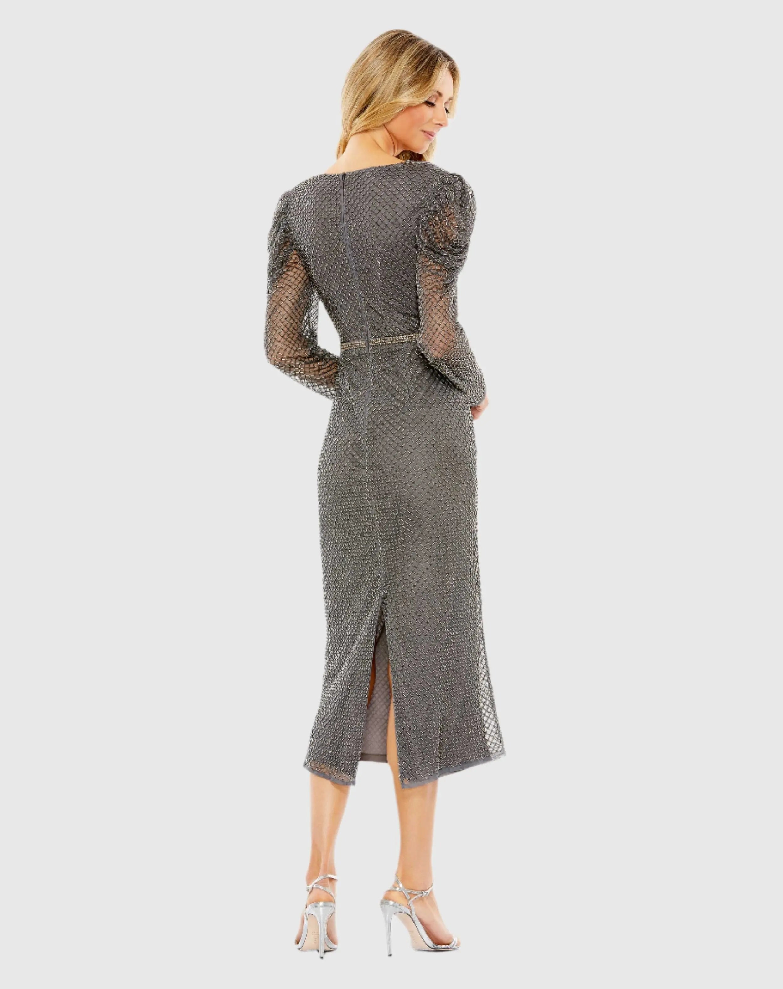 Gray Beaded Wrap Over Puff Sleeve Dress