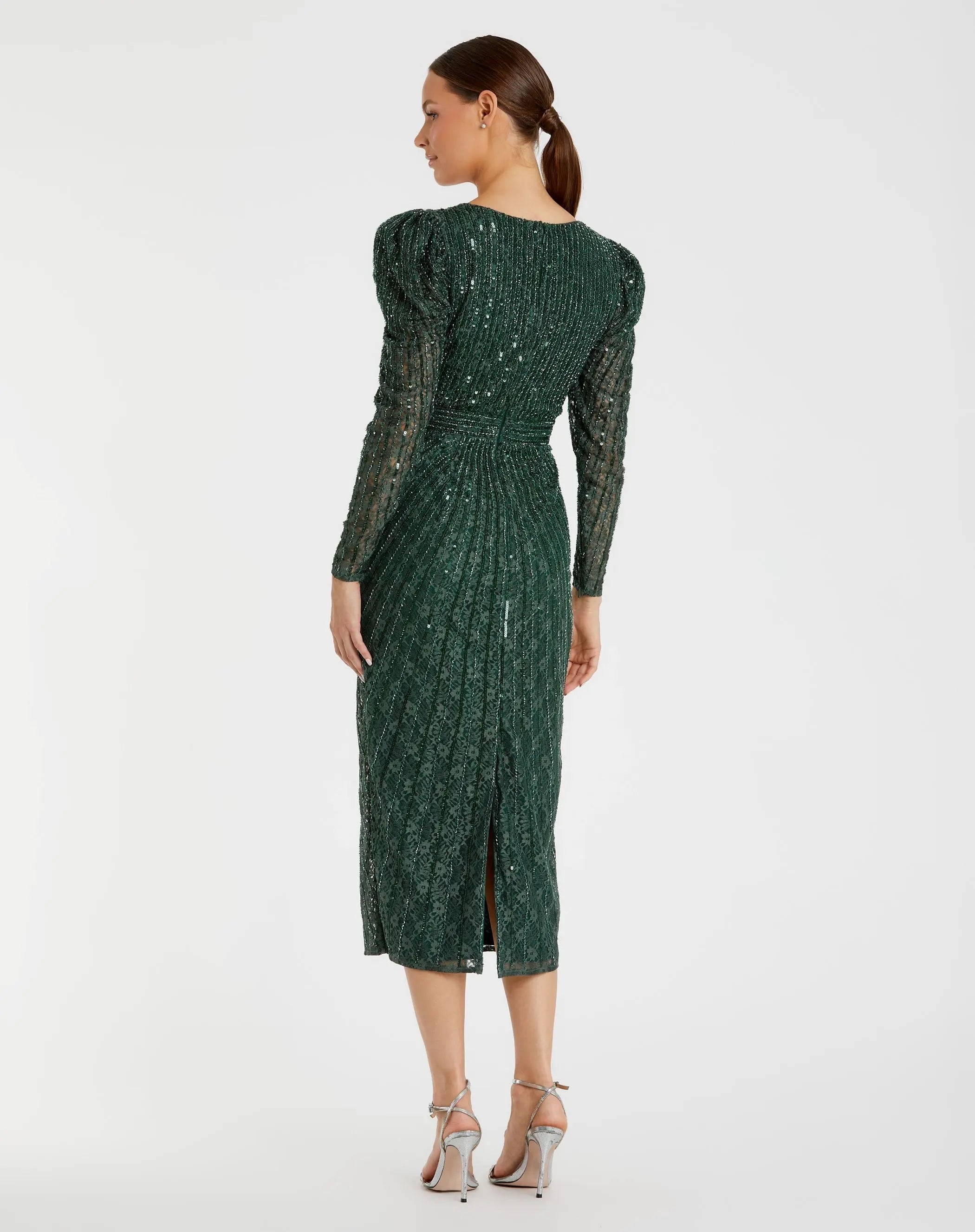 Green Beaded Lace Long Sleeve Midi Dress