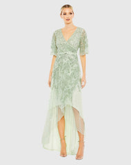 Green Sequined Butterfly Sleeve High Low Gown
