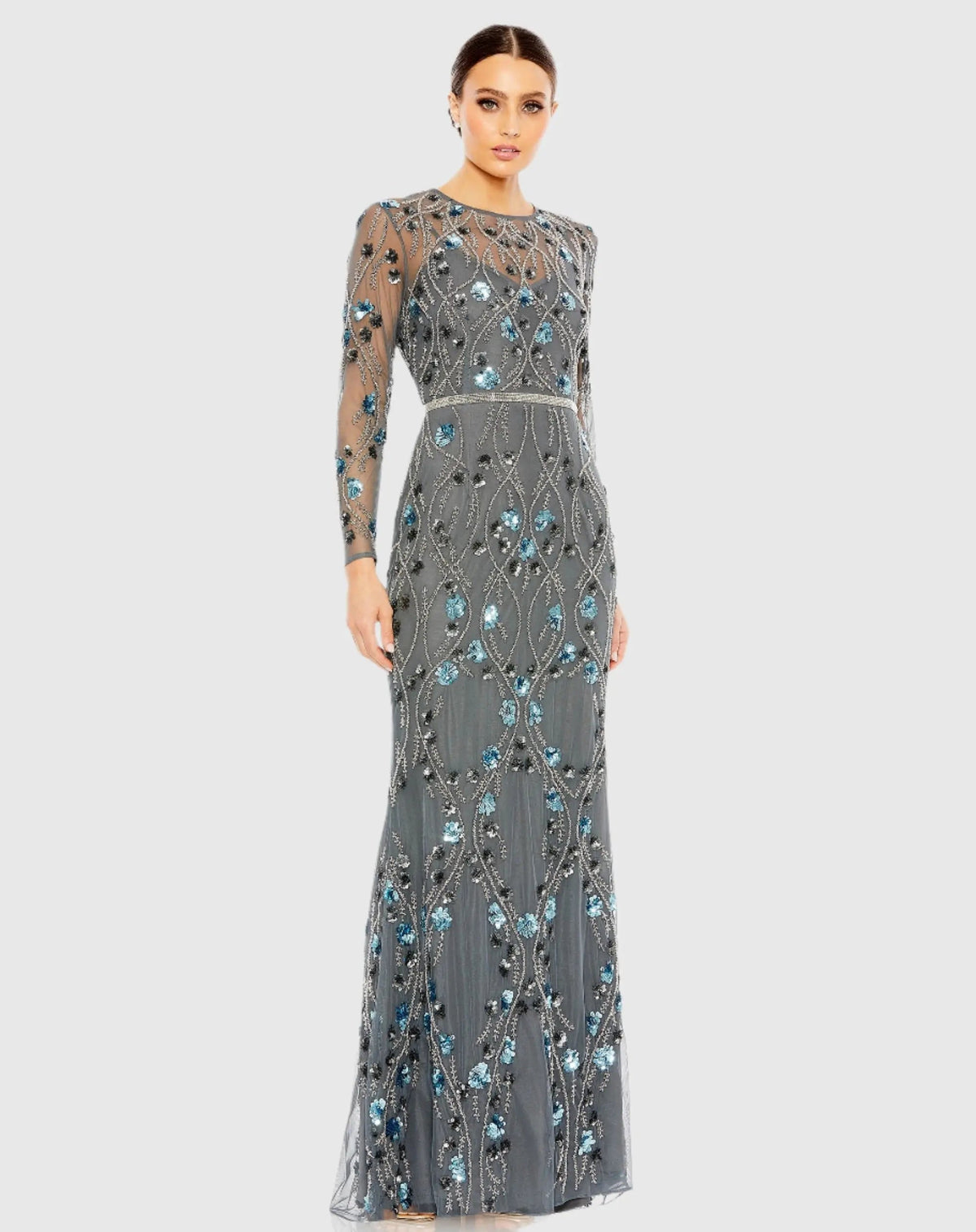 Gray Floral Embellished Long Sleeve Gown