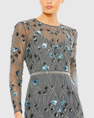 Gray Floral Embellished Long Sleeve Gown