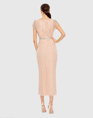 Pink Beaded Wrap V-Neck Cap Sleeve Dress