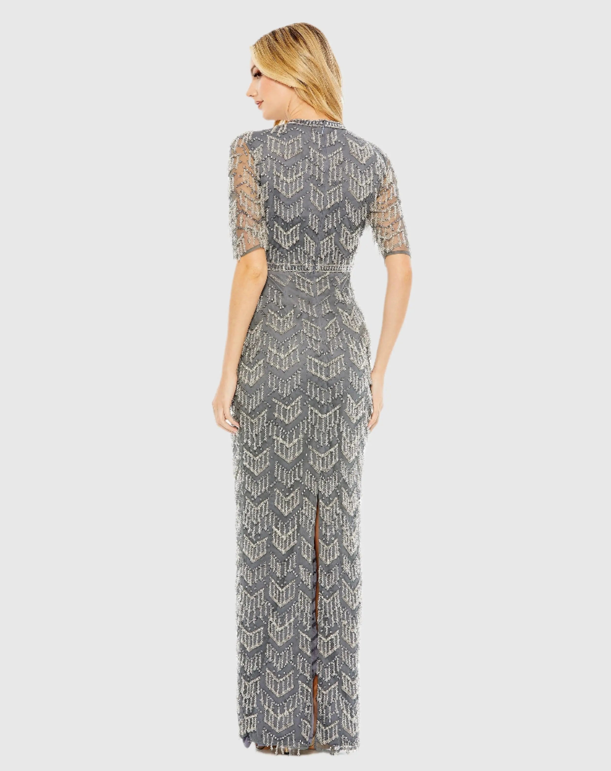 Gray Beaded Fringe Quarter Sleeve Column Gown