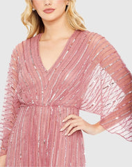 Pink Beaded Striping Kimono Sleeve V Neck Gown