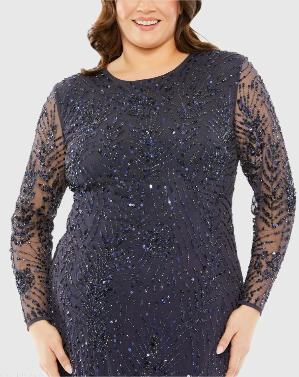 Navy Long Sleeve Mesh Embellished Gown
