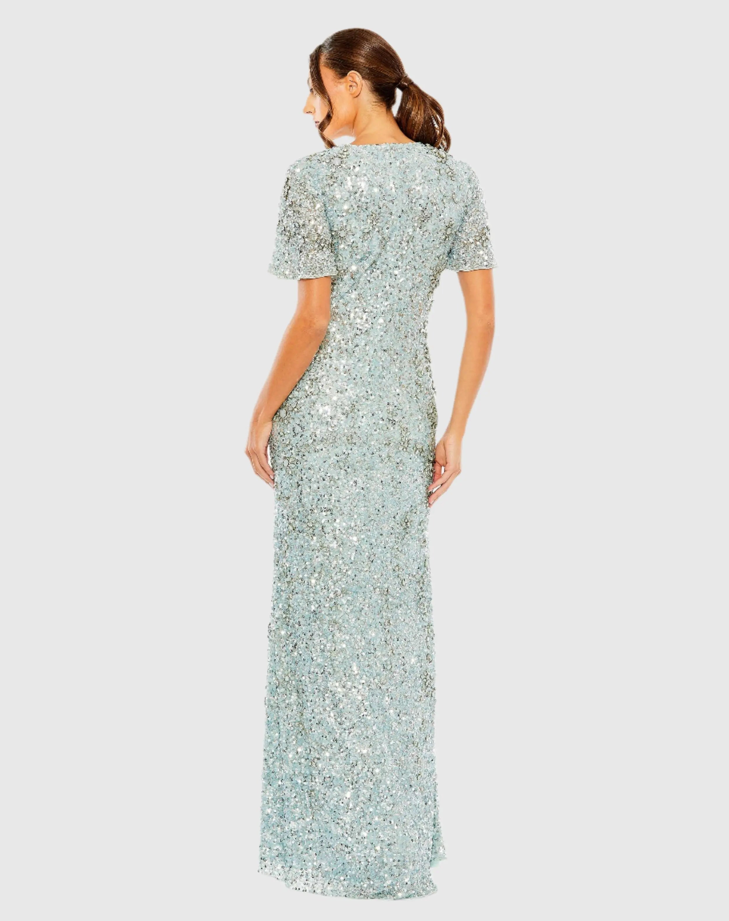 Blue Flutter Sleeve Sequin High Neck Gown