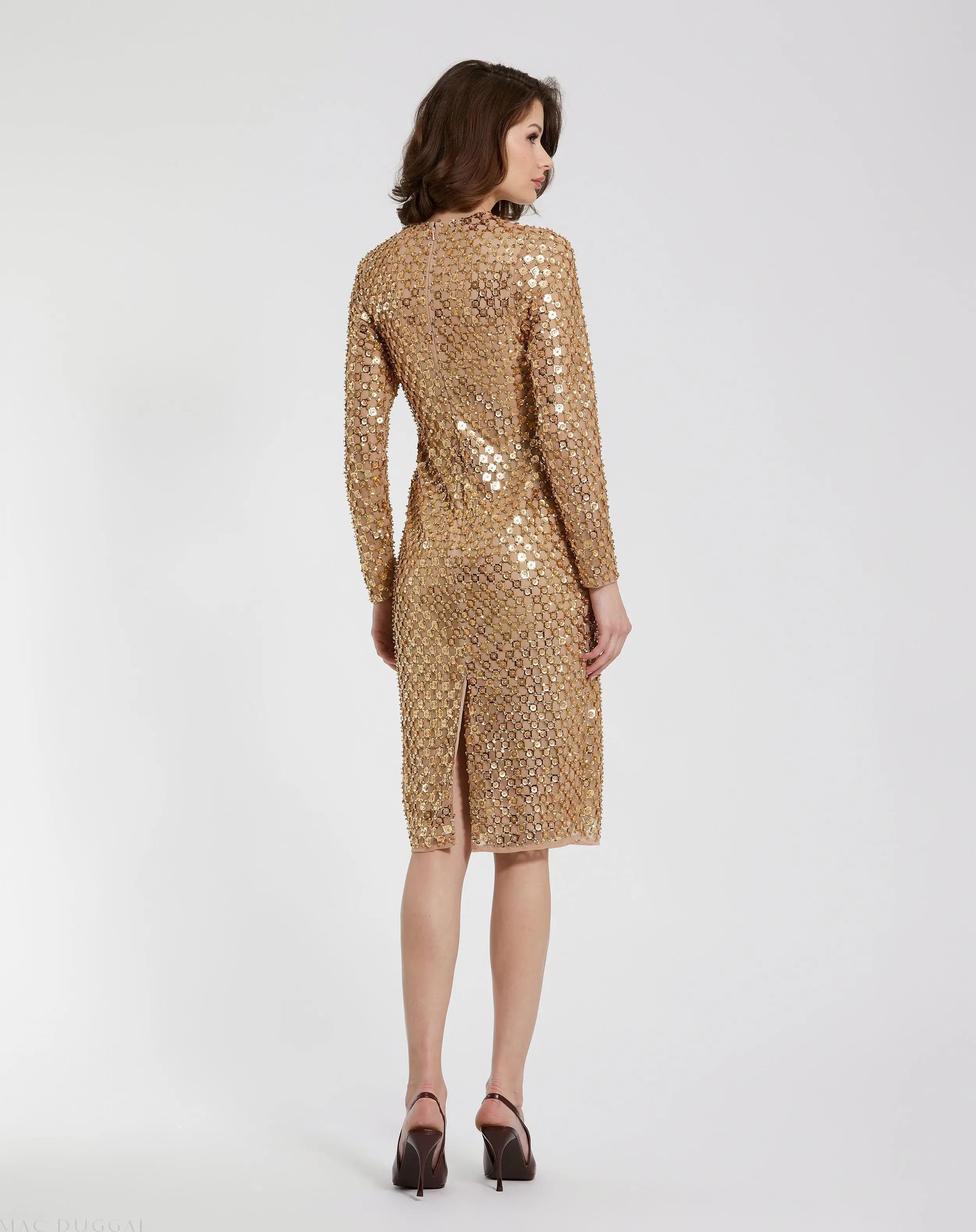 Gold Beaded Georgette Long Sleeve Fitted Midi Dress