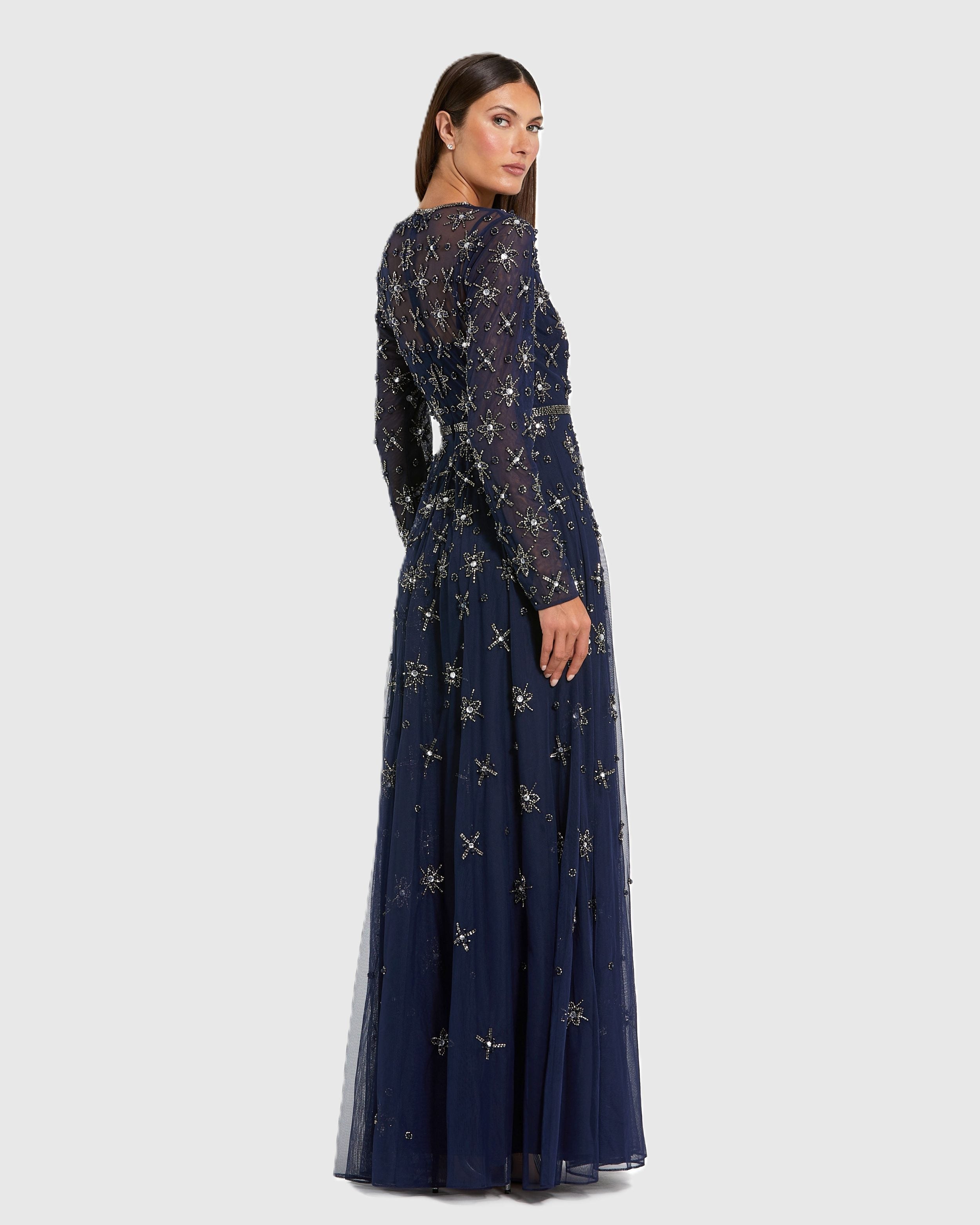 Navy Long Sleeve Crystal Embellished Evening Gown
