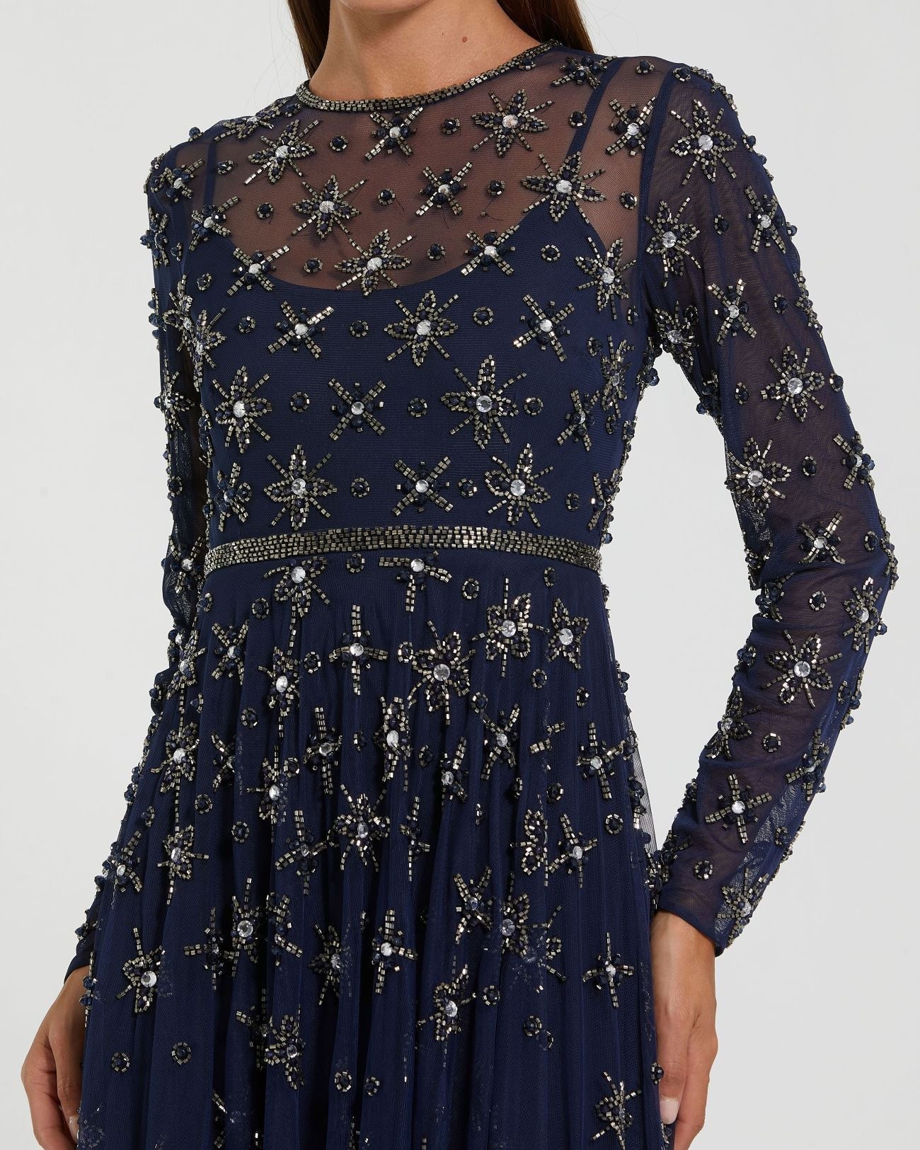 Navy Long Sleeve Crystal Embellished Evening Gown