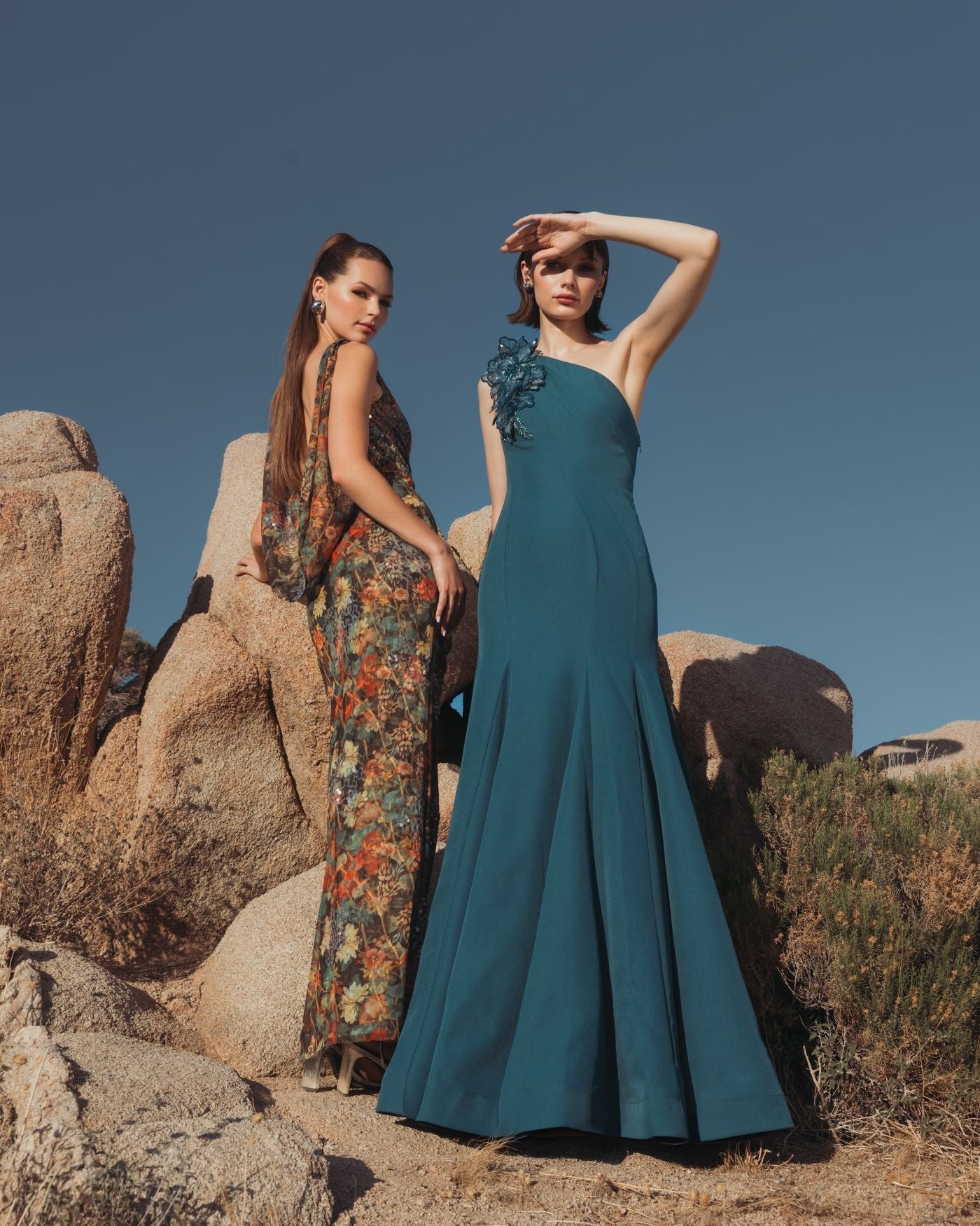 Blue One Shoulder Mermaid Gown with 3D Flowers