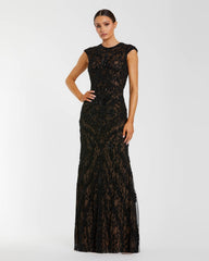 Black Embellished Lace Cap Sleeve Evening Gown