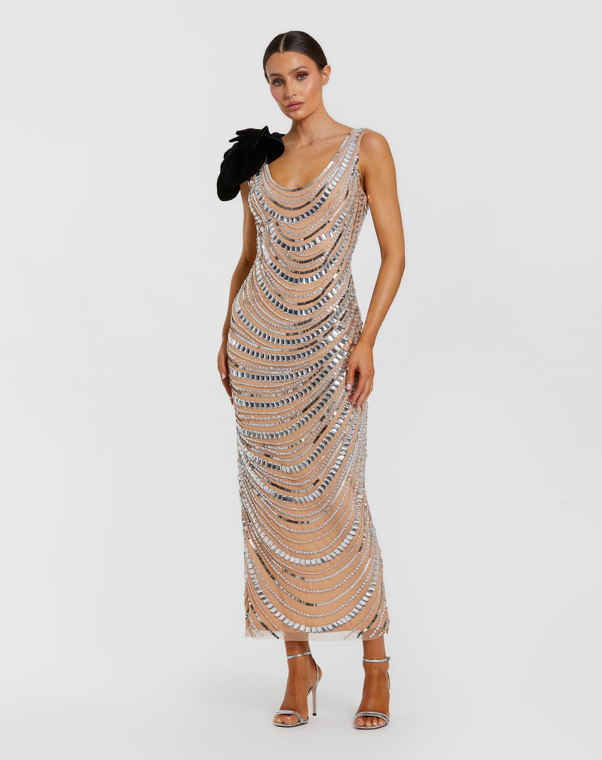 Silver Nude Sequin Cowl Midi Dress with Velvet Flower