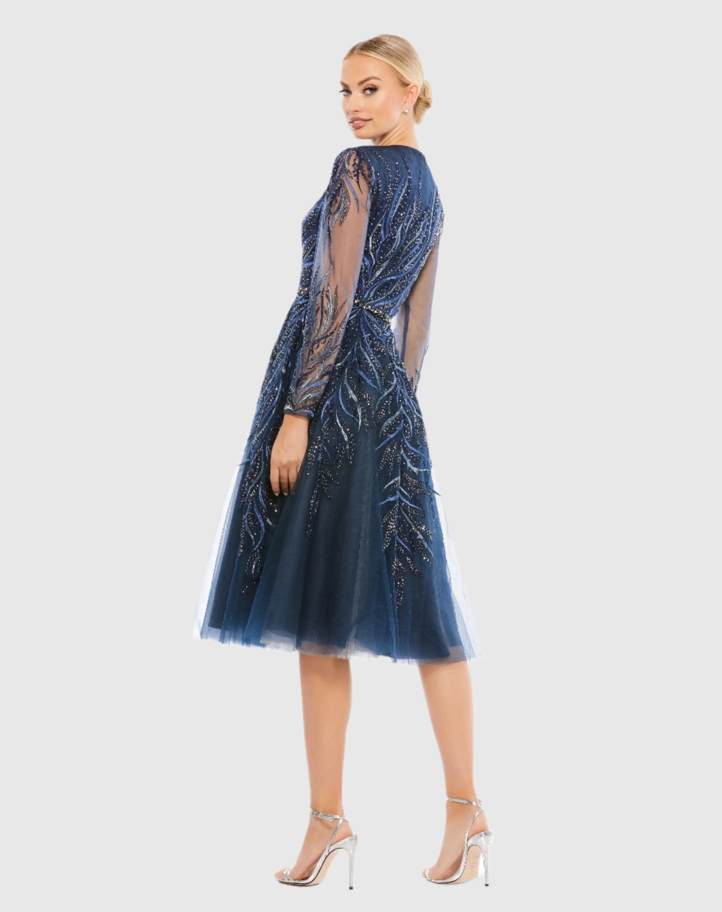 Navy Embellished Tea-Length Illusion Cocktail Dress