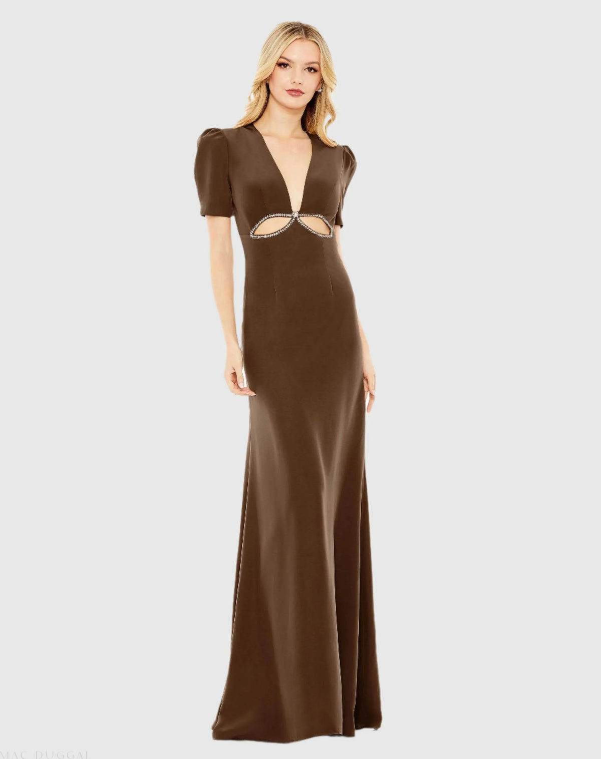 Brown Plunge Neck Puff Sleeve Cut Out Gown - FINAL SALE