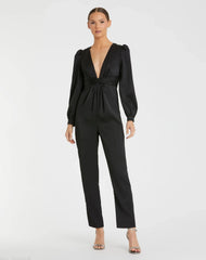 Black Front Twist Puff Sleeve Deep V Jumpsuit