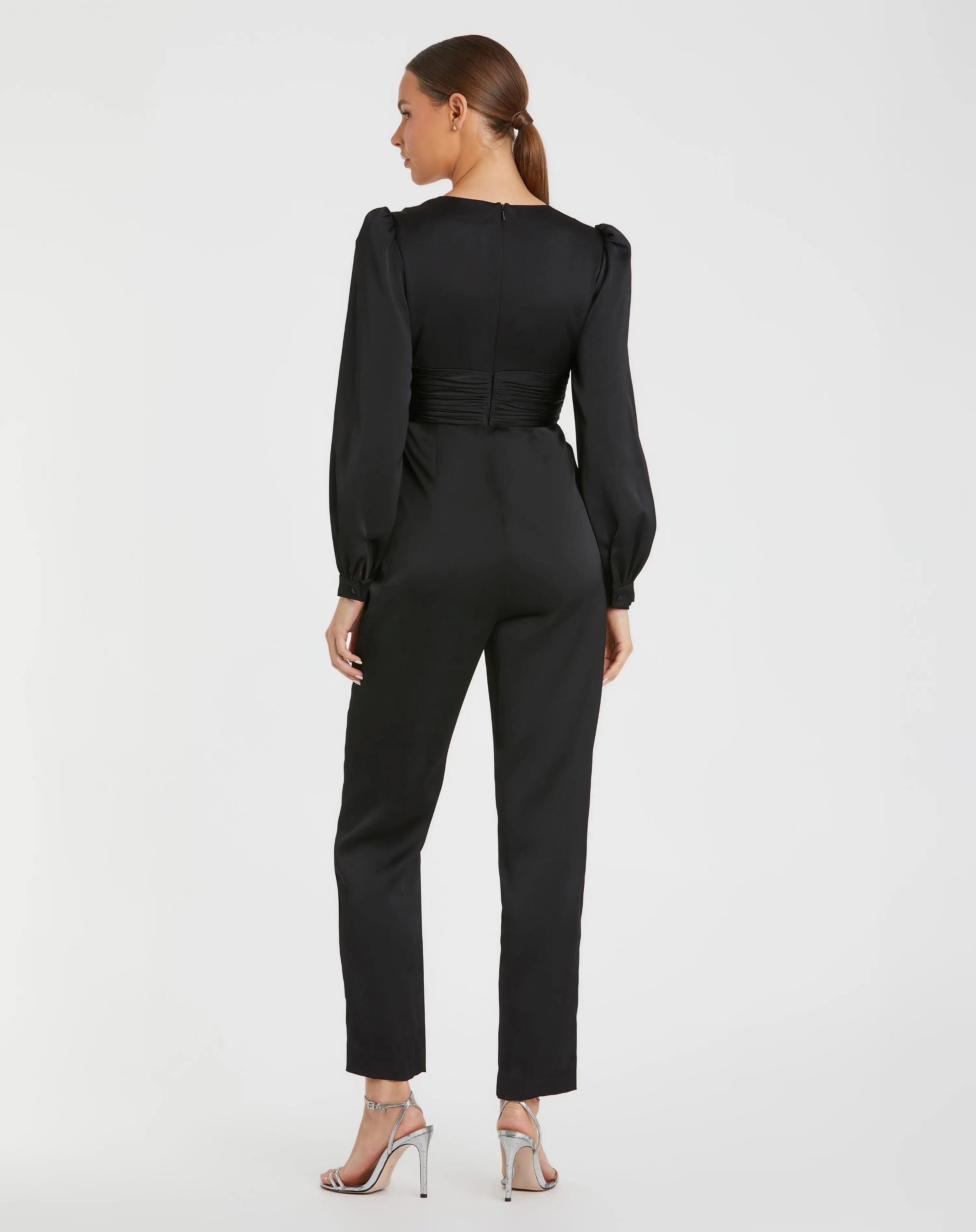 Black Front Twist Puff Sleeve Deep V Jumpsuit