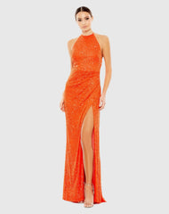 Orange Sequin Open Back Halter Neck Gown