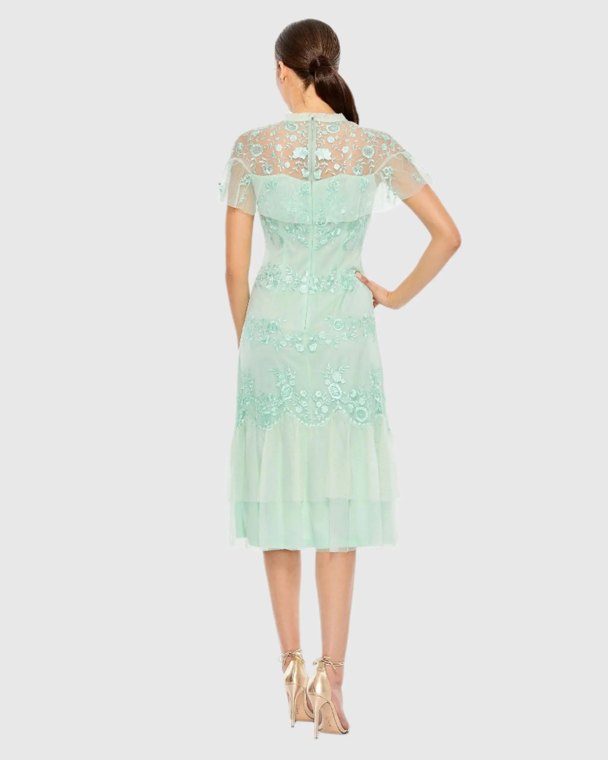 Green Embroidered Ruffled Cap Sleeve Midi Dress