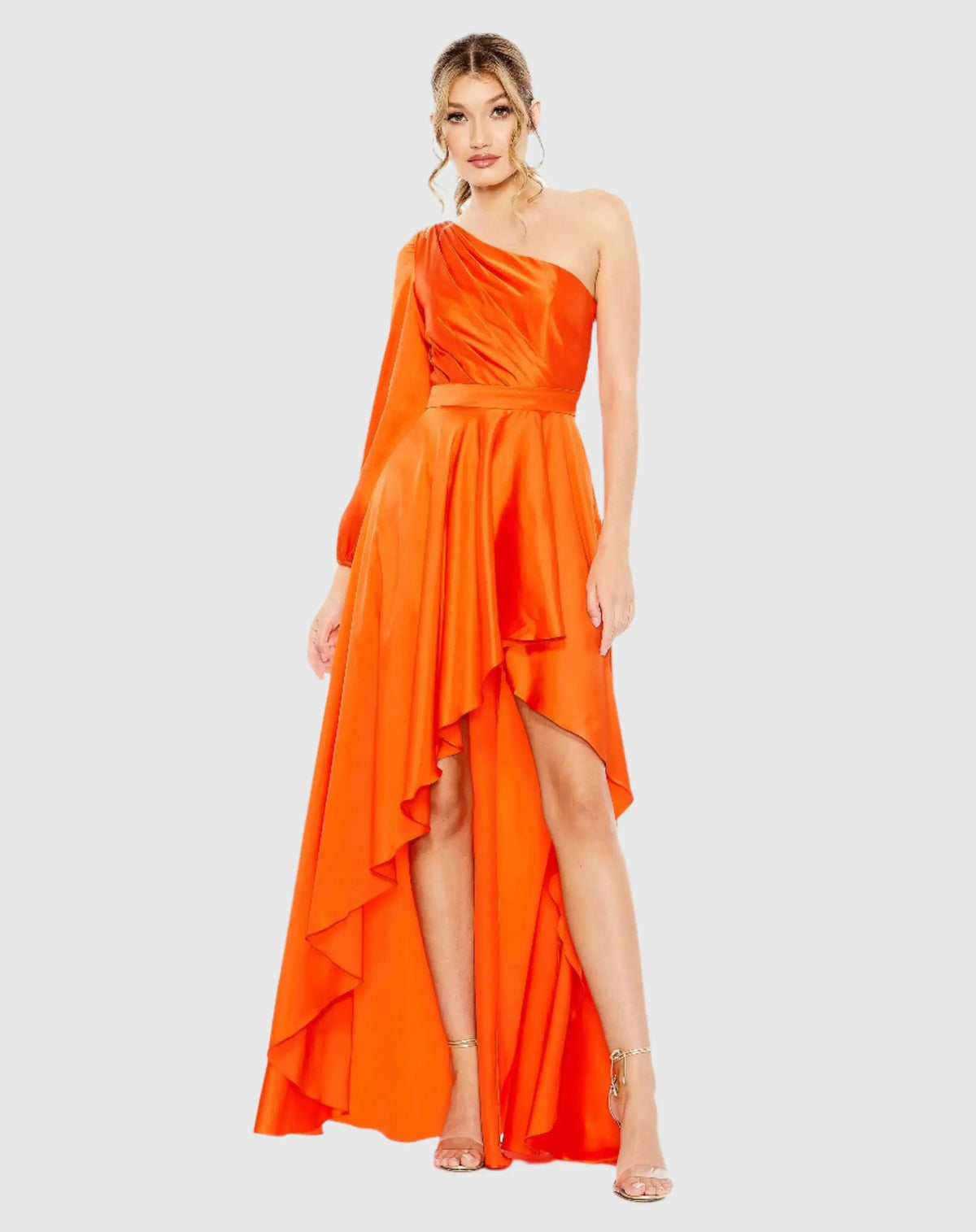 Orange High Low One Shoulder Flowy Gown