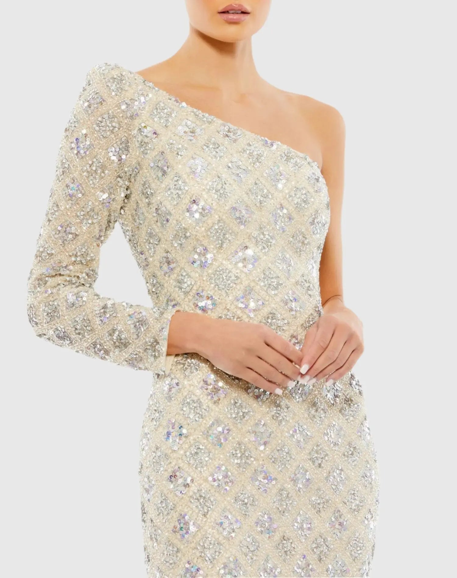 Beige Embellished One Shoulder Asymmetrical Gown