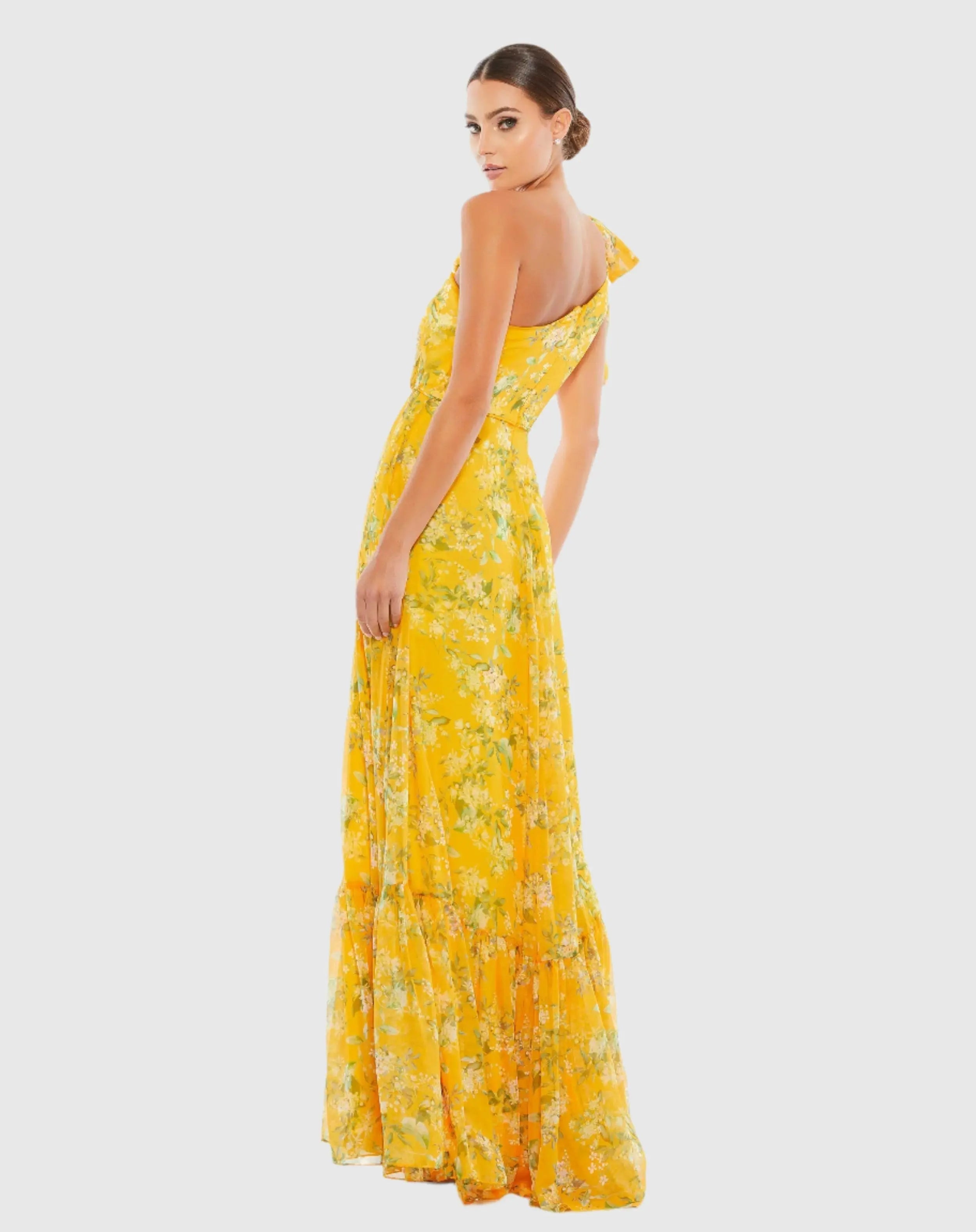 Yellow Floral One Shoulder Bow Maxi Dress