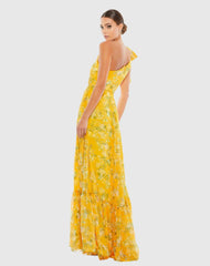 Yellow Floral One Shoulder Bow Maxi Dress