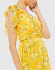 Yellow Floral One Shoulder Bow Maxi Dress