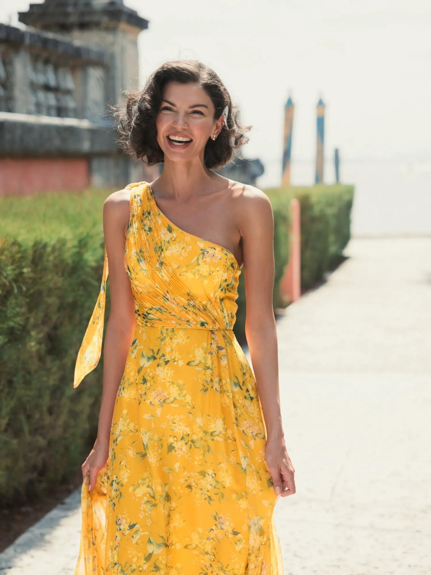 Yellow Floral One Shoulder Bow Maxi Dress