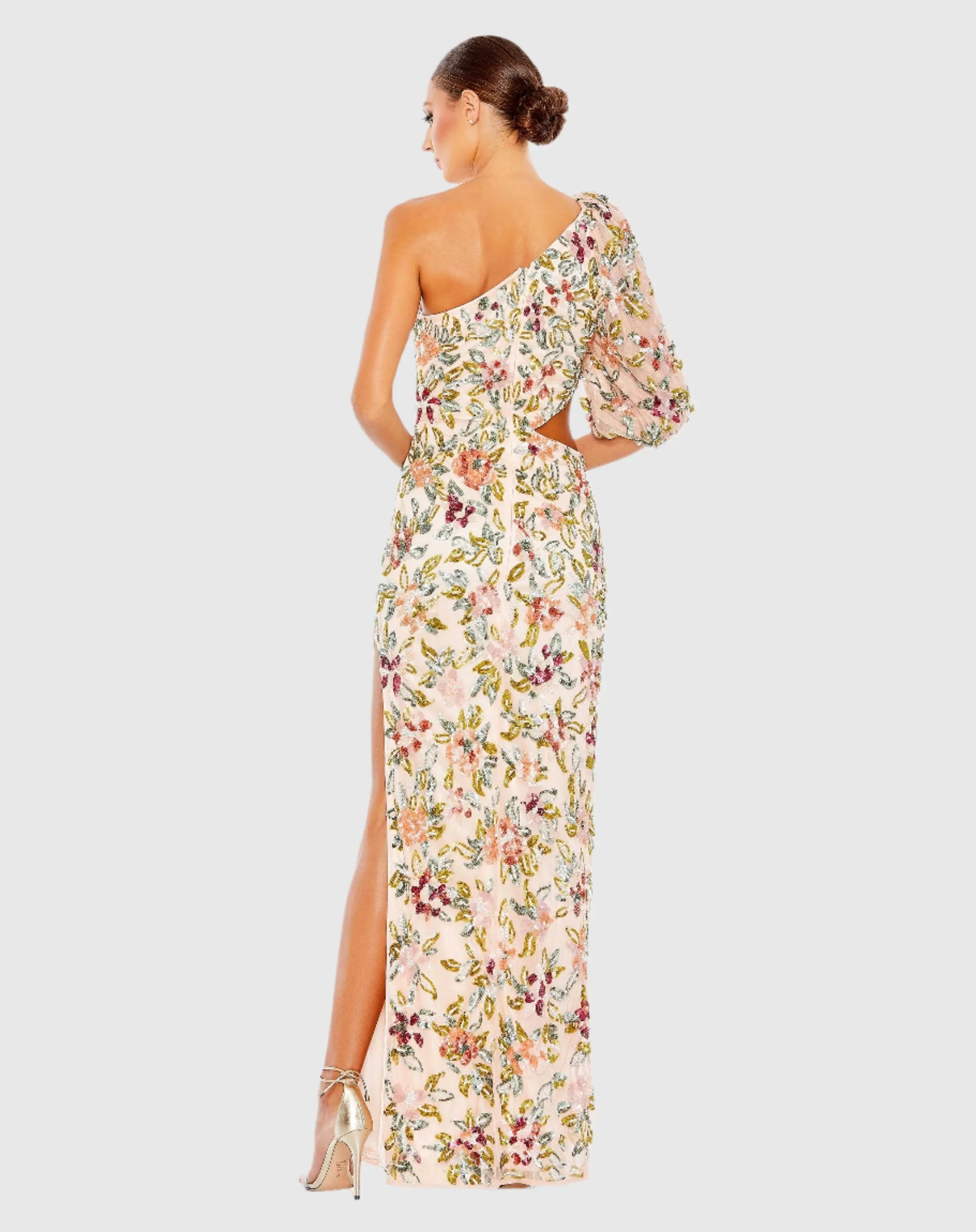 Beige One Shoulder Floral Embellished Gown