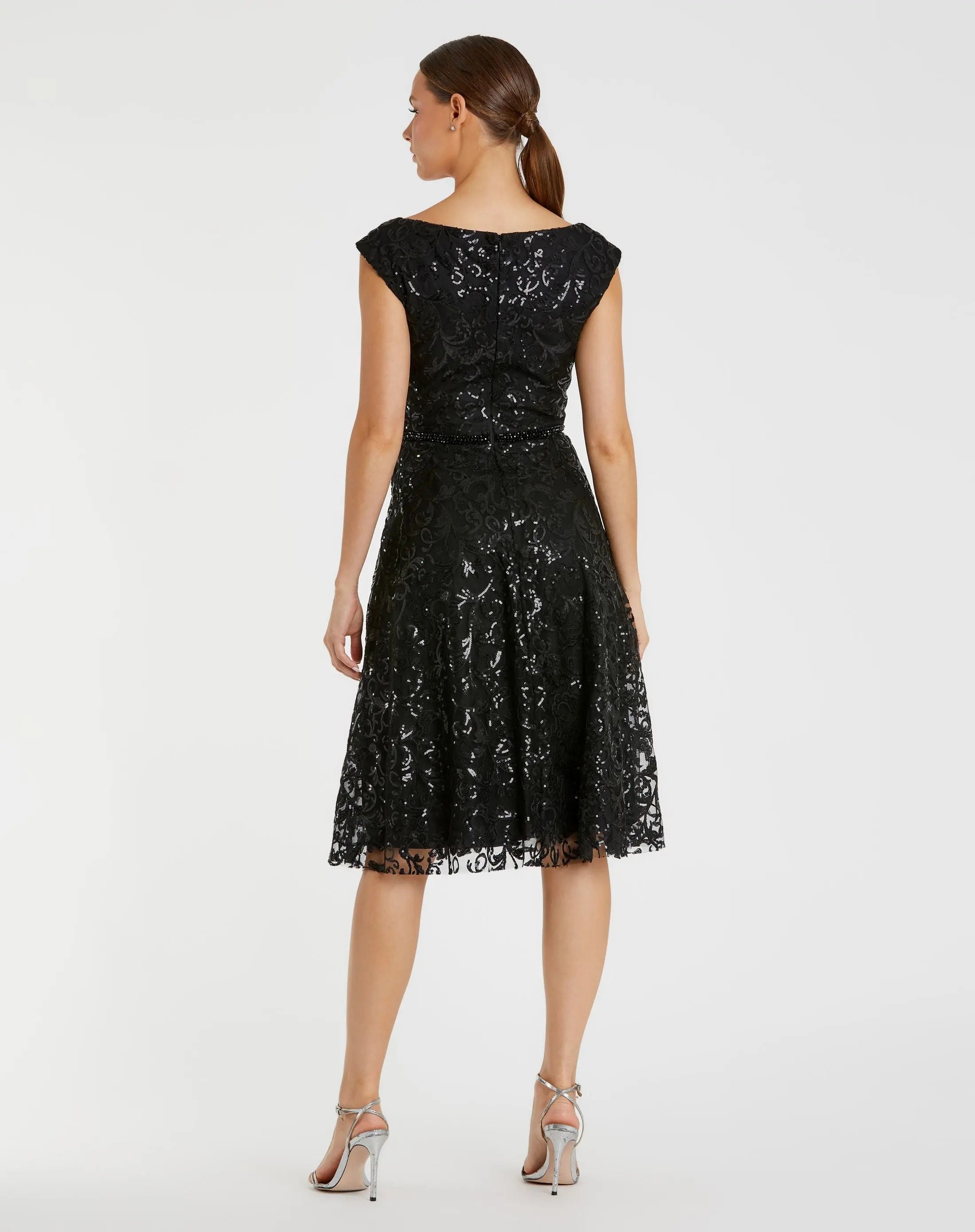 Black Sequined V Neck Cap Sleeve Dress