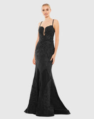 Black Embroidered Sleeveless Plunge Neck Trumpet Gown