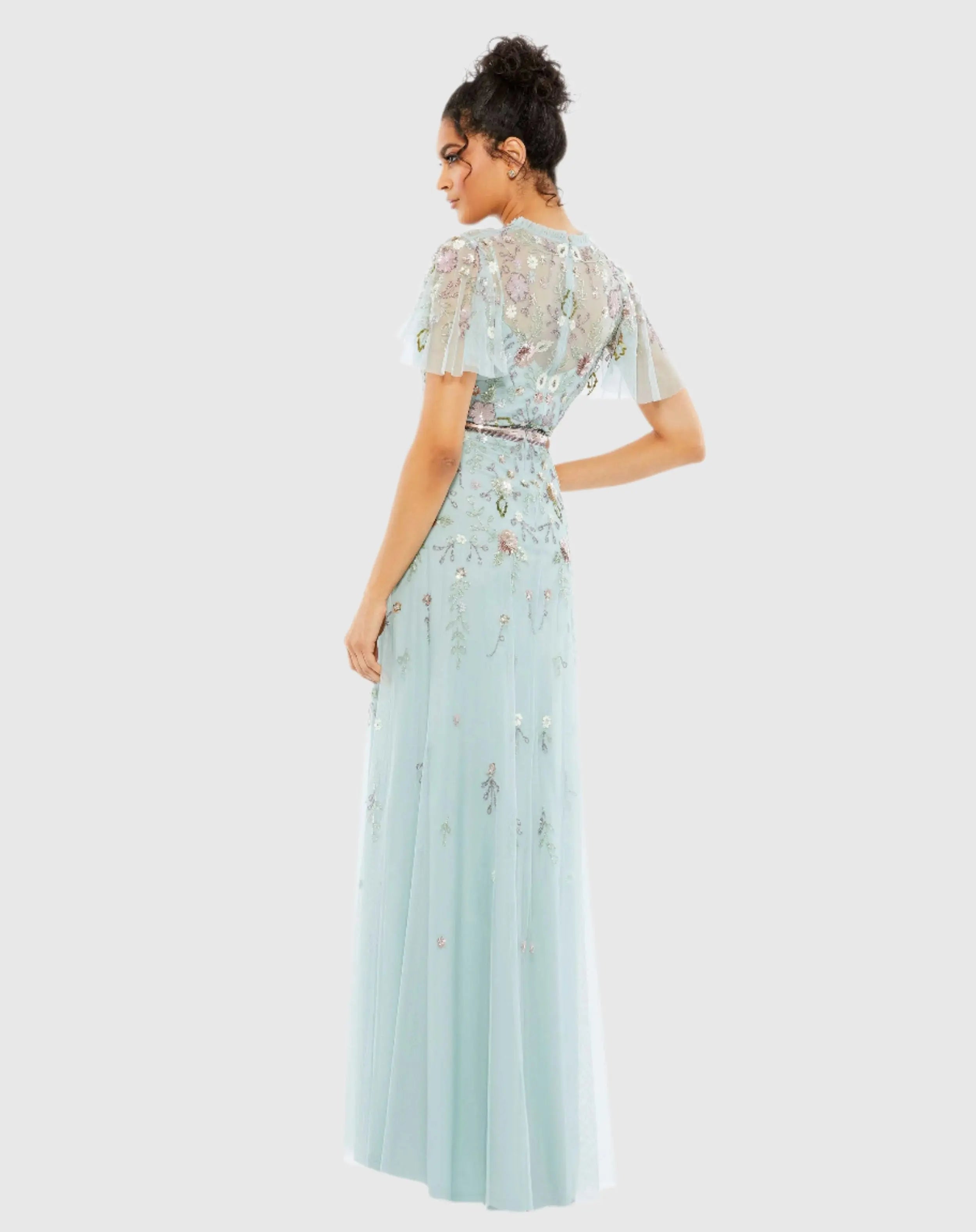 Blue Embellished High Neck Butterfly Sleeve Gown