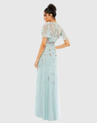 Blue Embellished High Neck Butterfly Sleeve Gown