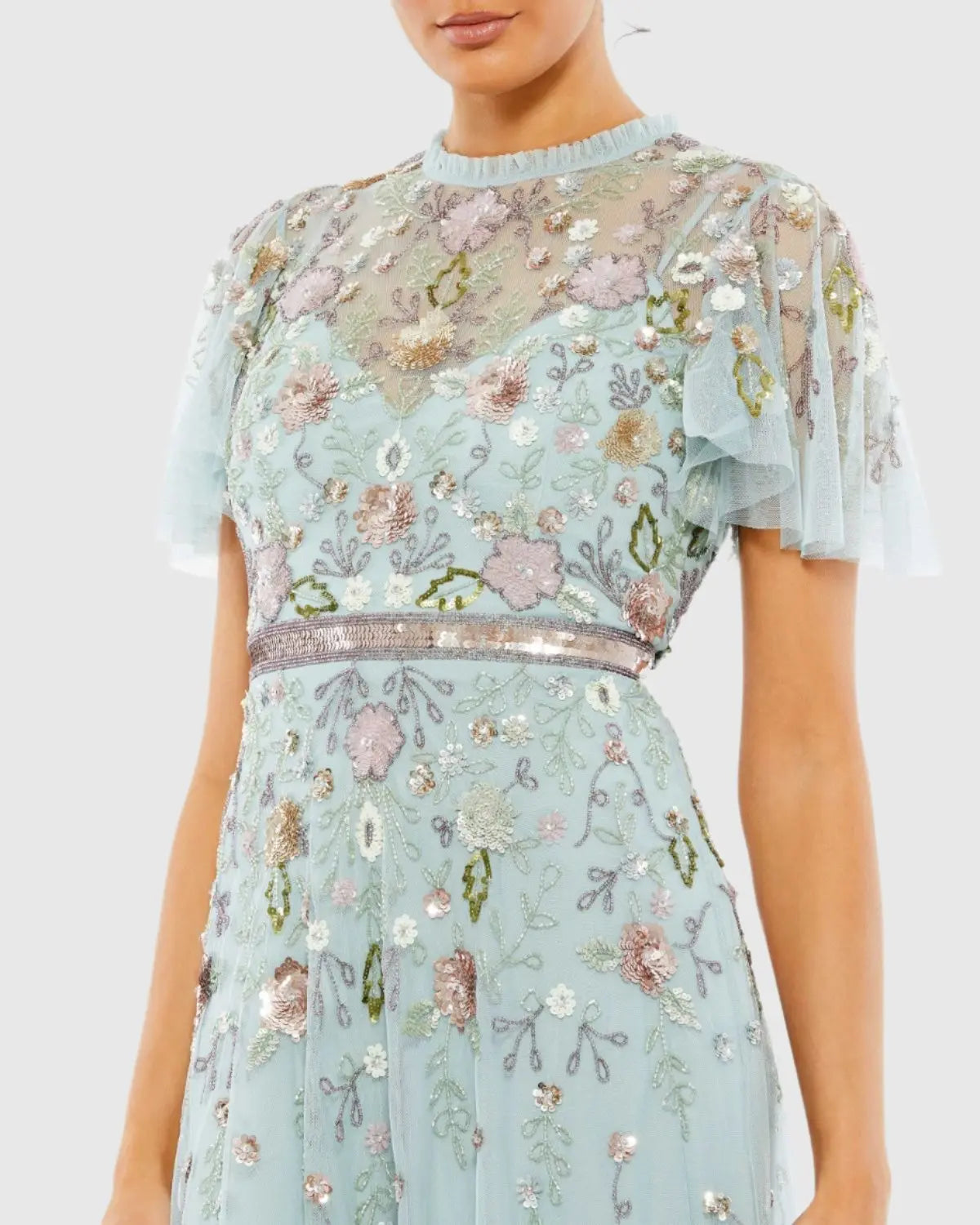 Blue Embellished High Neck Butterfly Sleeve Gown