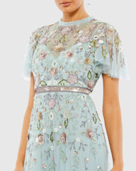 Blue Embellished High Neck Butterfly Sleeve Gown