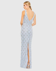 Blue Embellished Sleeveless V Neck Gown