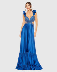 Blue Beaded Cross Cut Out Ruffled Strap A Line Gown
