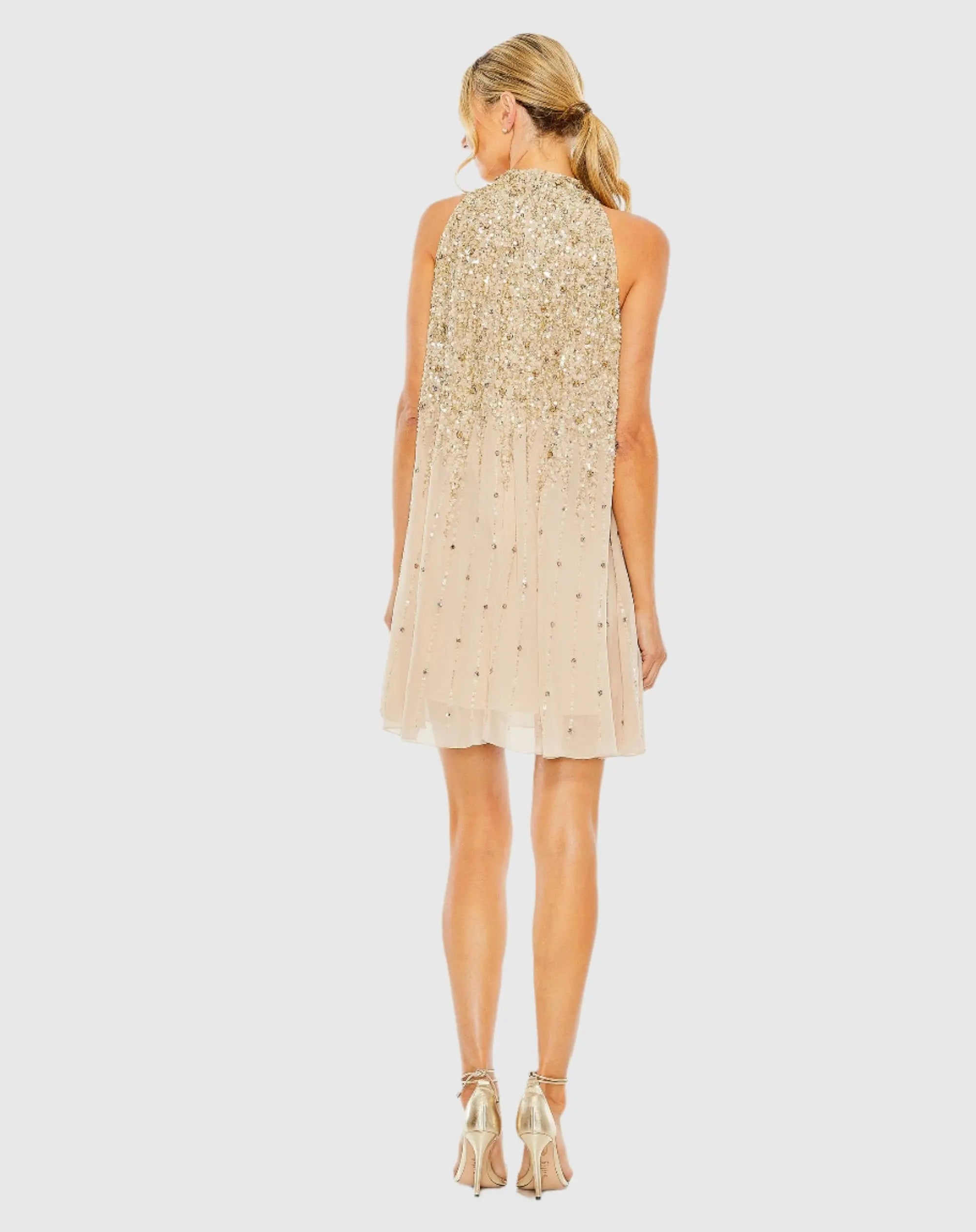 Beige High Neck Sleeveless Sequin Embellished Trapeze Dress